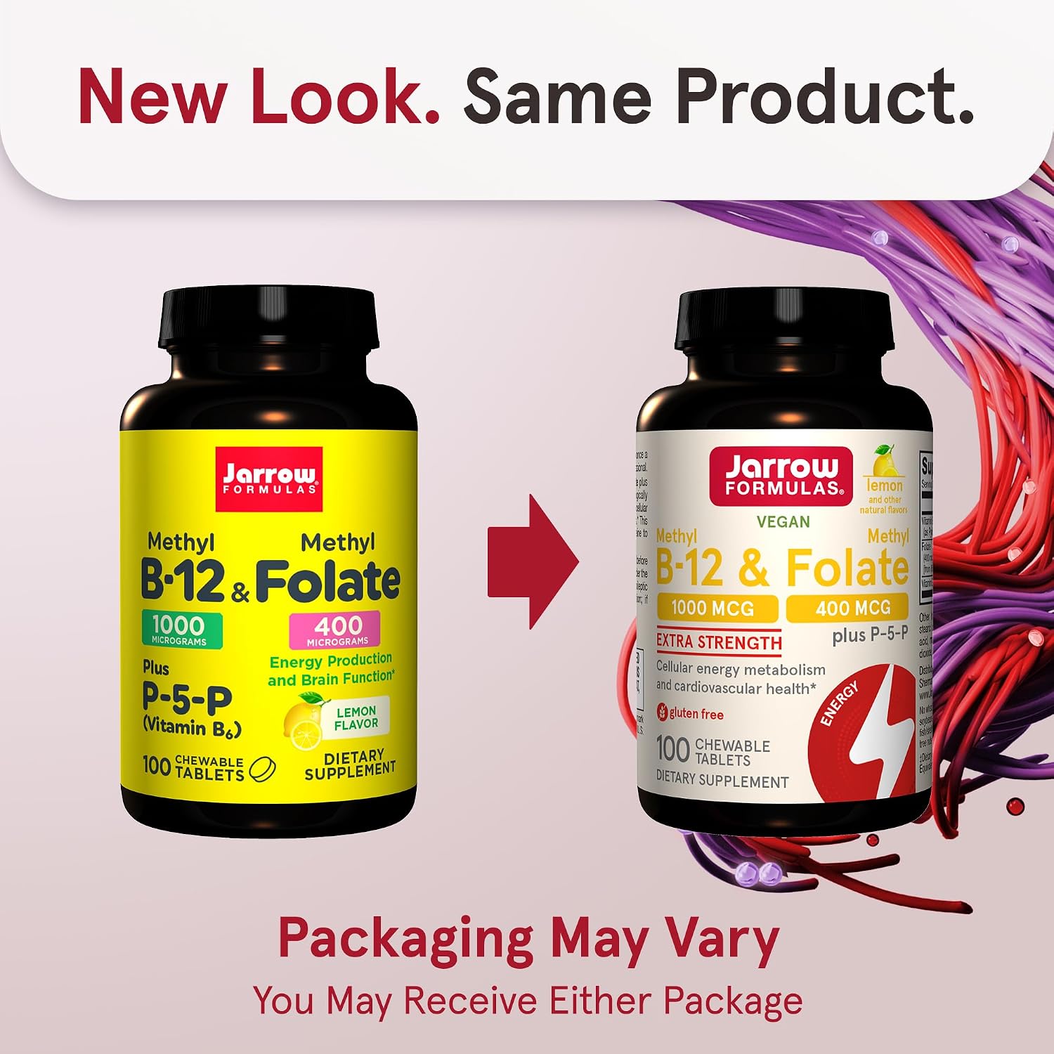 Jarrow Formulas Methyl B-12 1000mcg y Methyl Folate 400mcg, Fórmula de Fuerza Extra, Metabolismo Energético Celular y Salud Cardiovascular con P-5-P, 100 Comprimidos Masticables, 12 Paquetes