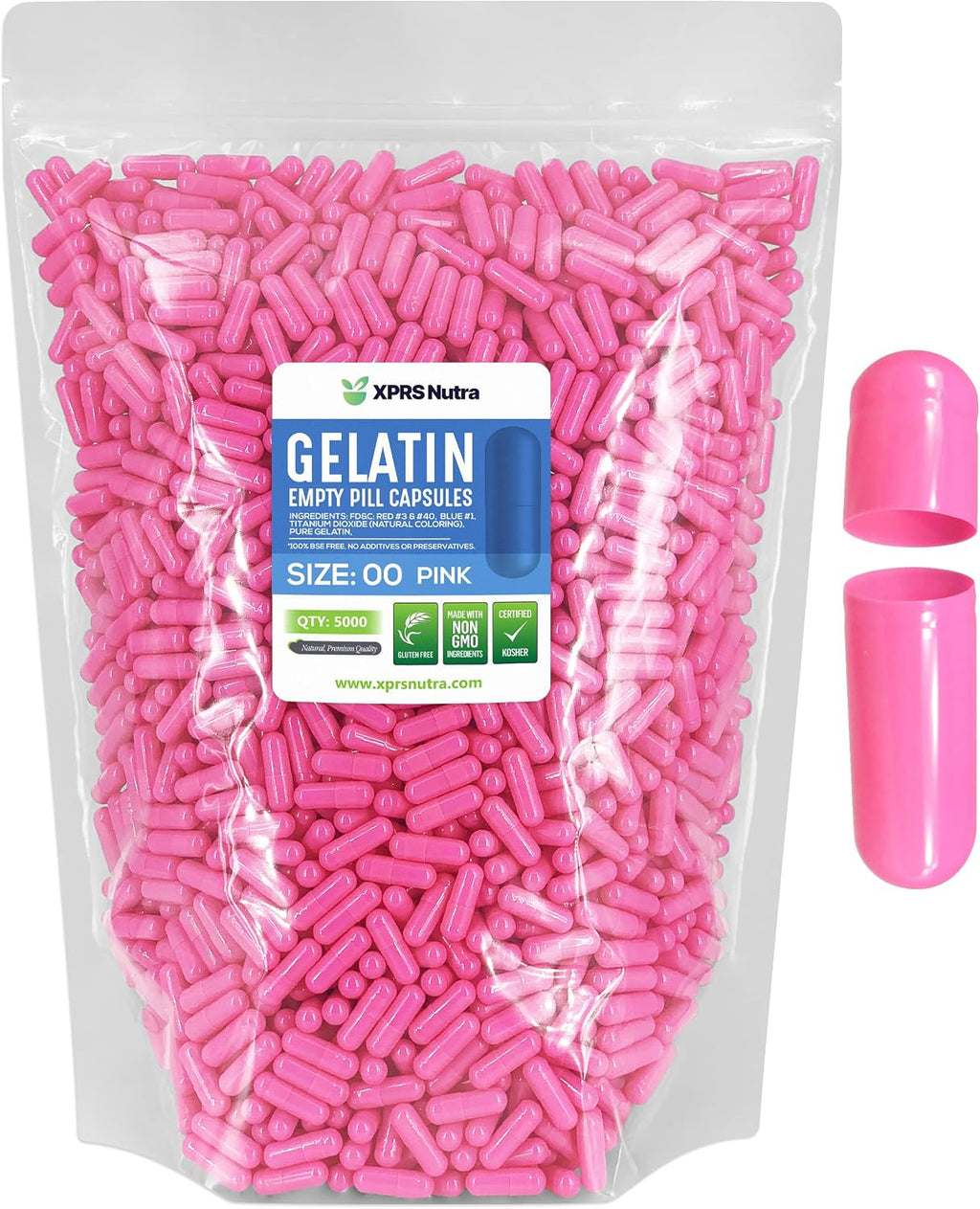 XPRS Nutra Cápsulas Vacías Tamaño 00 - 5000 Unidades - Cápsulas de Gelatina para Rellenar - Pack de Cápsulas para Suplementos DIY (Rosa)