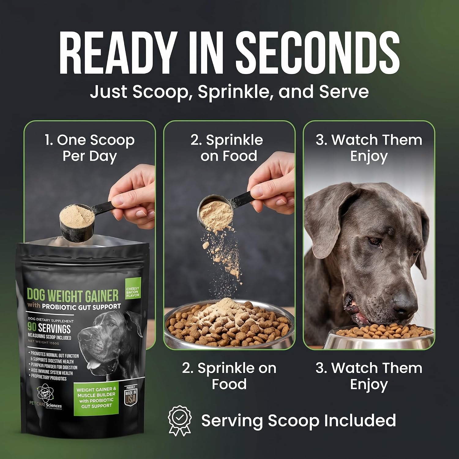 Dog Weight Gainer con Probióticos - Suplemento para Ganar Peso y Músculo en Perros - 90 Dosis - Sabor Queso y Bacon
