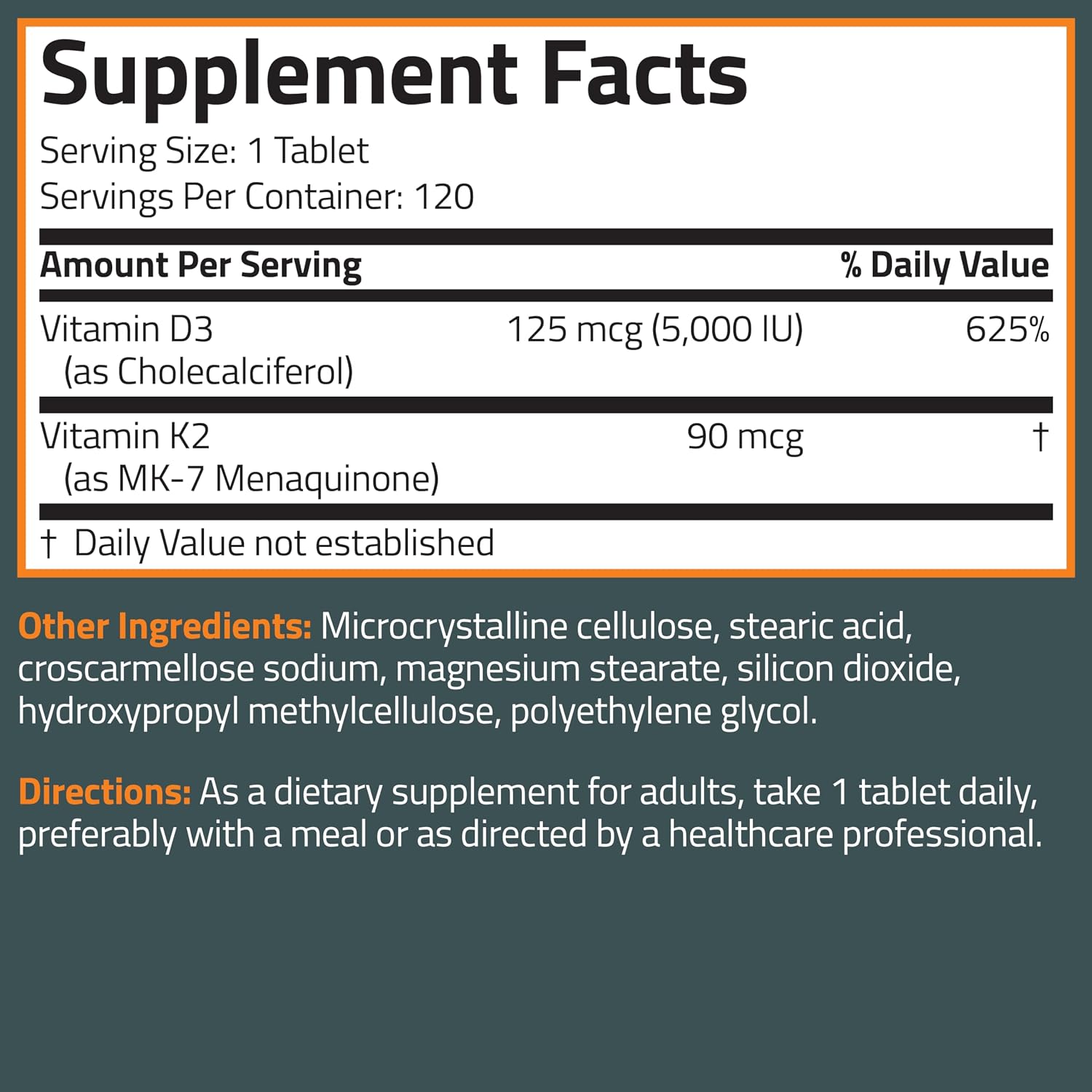 Bronson Vitamina K2 D3 (MK7) - 5000 UI Vitamina D3 + 90 mcg K2 MK-7, 120 Comprimidos