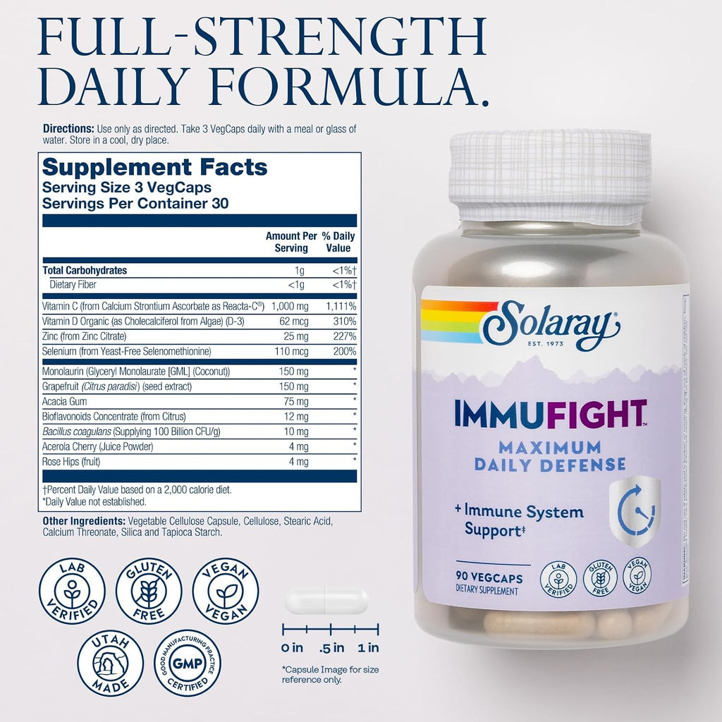 SOLARAY Immufight Maximum Daily Defense, All Day Immune Support, Vitamin C, Vitamin D, Zinc, Probiotics, Monolaurin, Acerola & More, Vegan & Gluten Free, 30 Servings, 90 VegCaps
