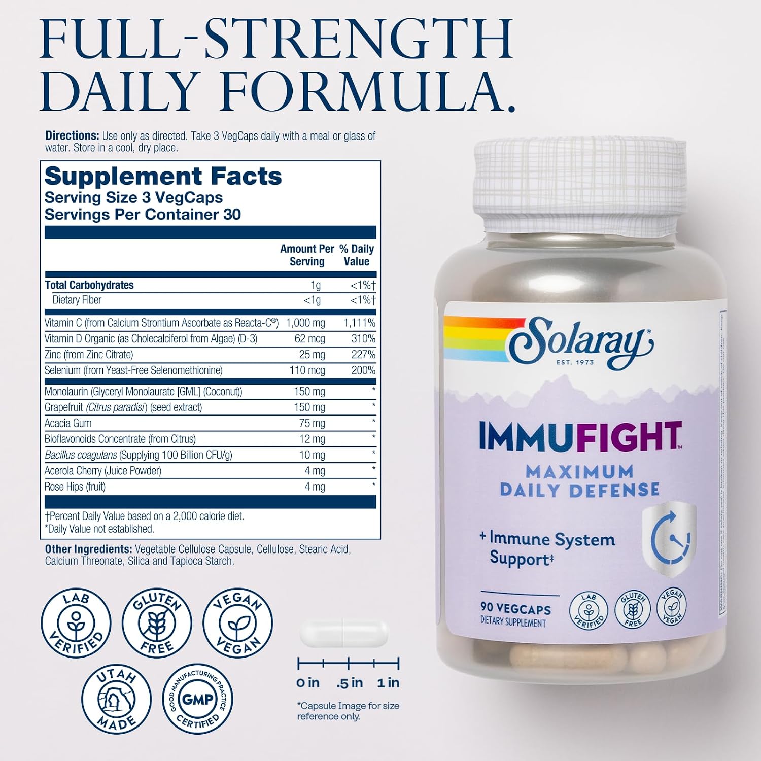SOLARAY Immufight Maximum Daily Defense, All Day Immune Support, Vitamin C, Vitamin D, Zinc, Probiotics, Monolaurin, Acerola & More, Vegan & Gluten Free, 30 Servings, 90 VegCaps