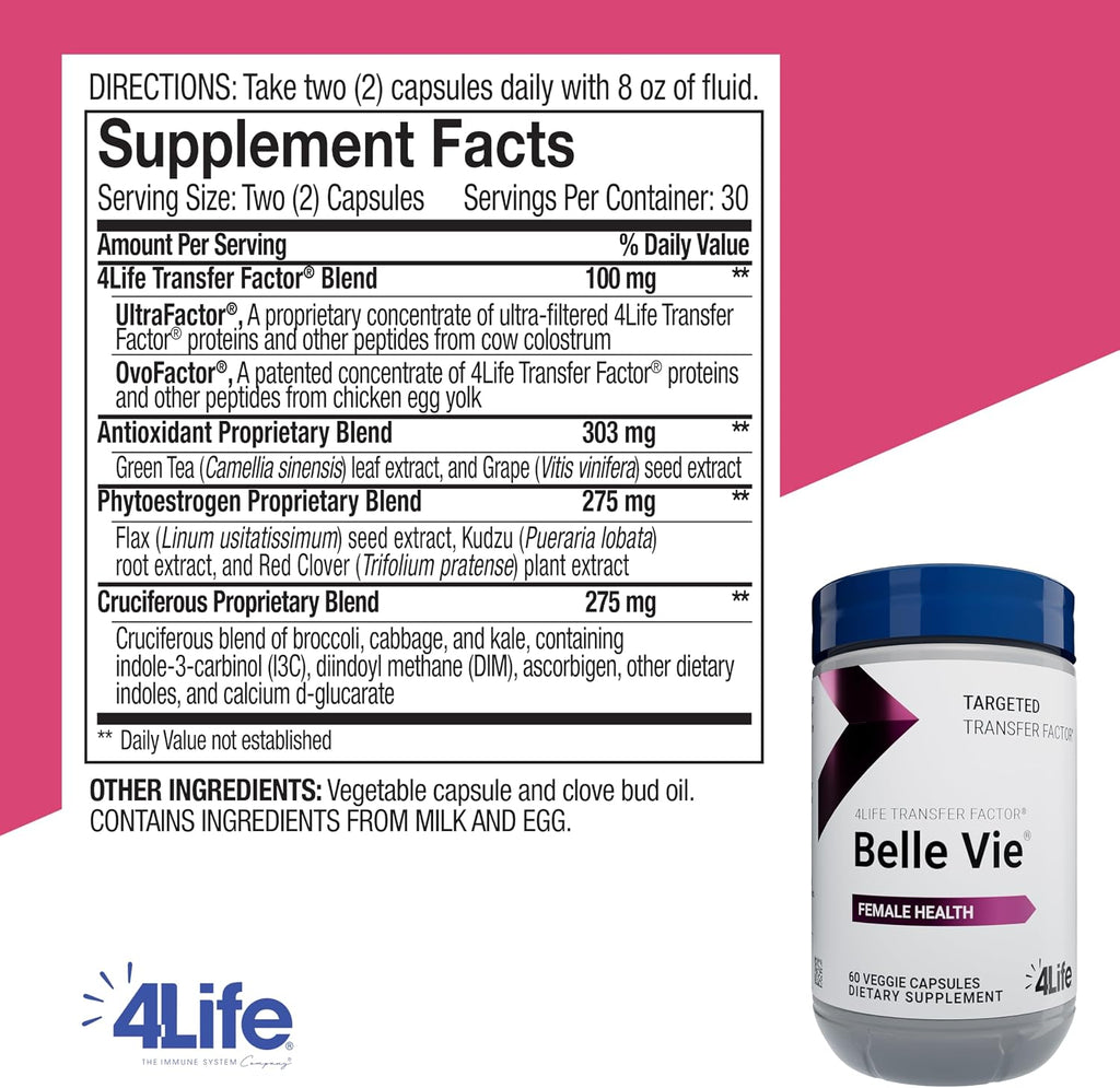 4Life Transfer Factor Belle Vie - Apoyo Hormonal Femenino, 60 Cápsulas Vegetales