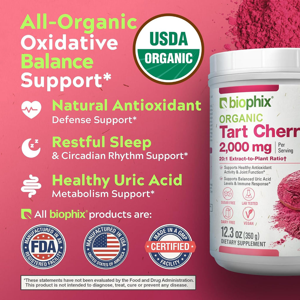 biophix Polvo de Cereza Ácida Orgánica Extracto 20:1 - 350 g (12.3 oz) - Superalimento Natural - Sin Azúcar Añadido - Vegano