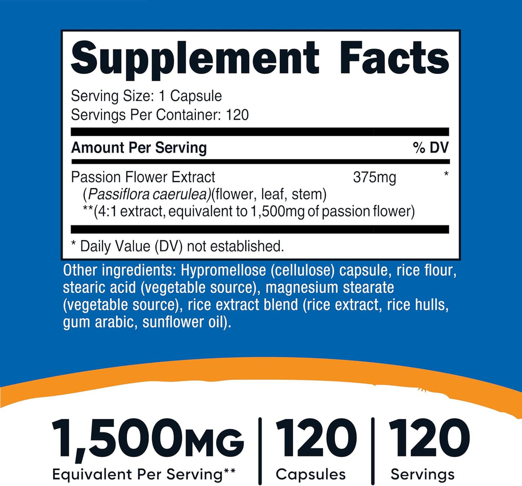 Nutricost Extracto de Pasiflora - 120 Cápsulas - 375mg de Extracto 4:1 - Sin Gluten, No-GMO, Vegetariano