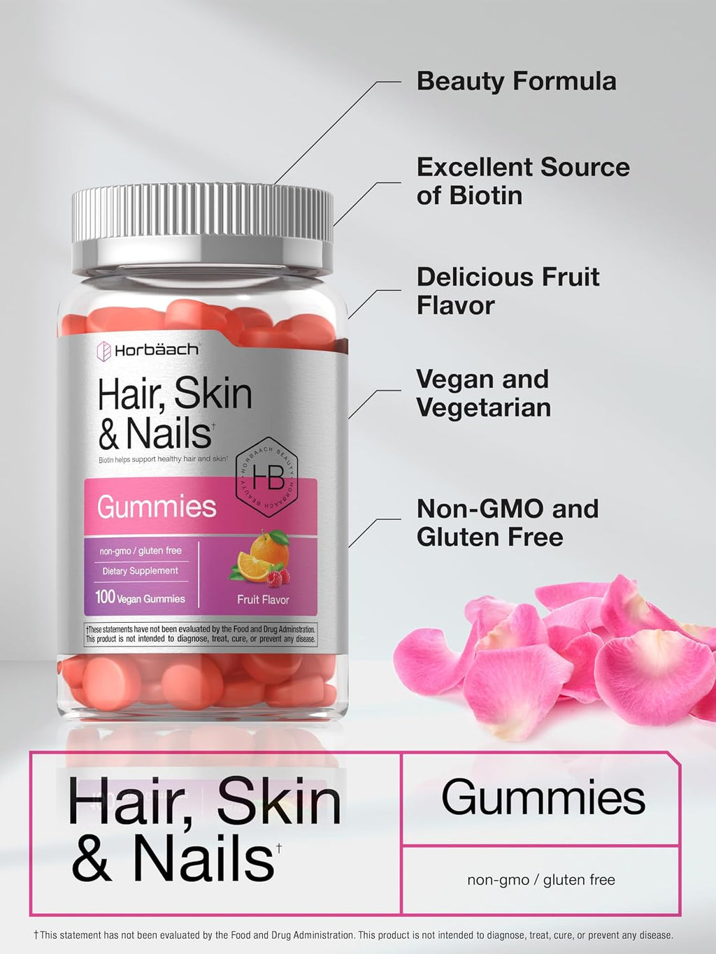 Gominolas de Biotina para Cabello, Piel y Uñas - 100 Unidades - Sabor Fruta - Sin Gluten - No GMO