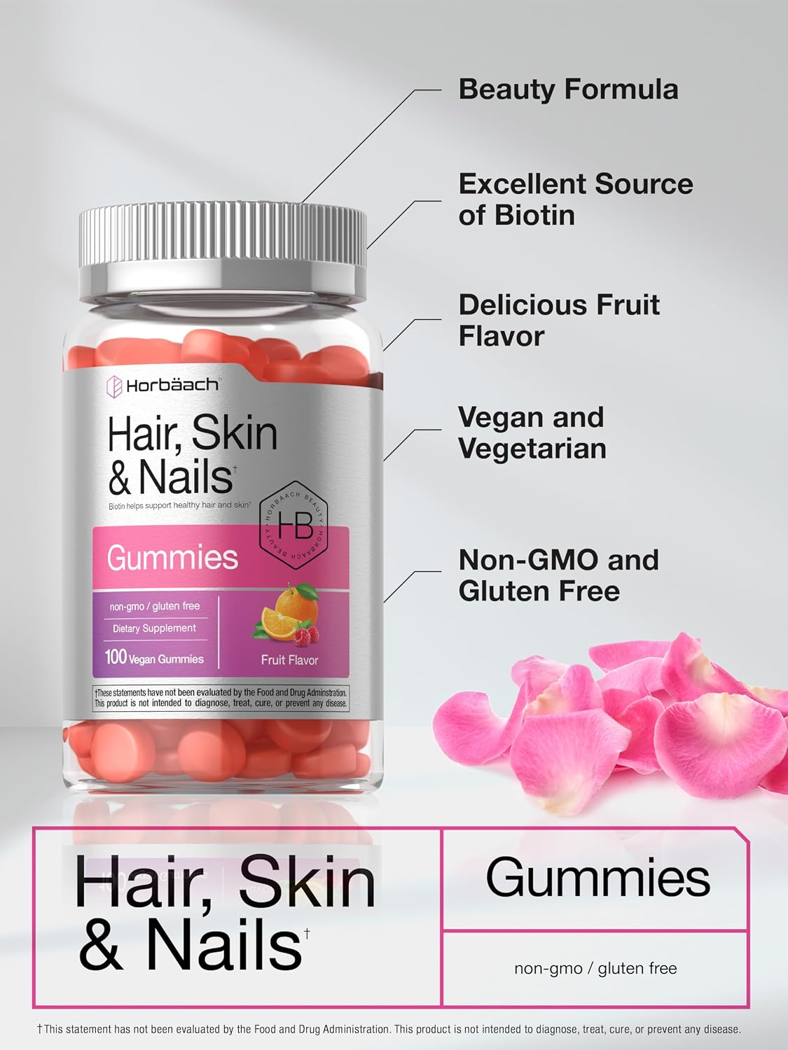Gominolas de Biotina para Cabello, Piel y Uñas - 100 Unidades - Sabor Fruta - Sin Gluten - No GMO