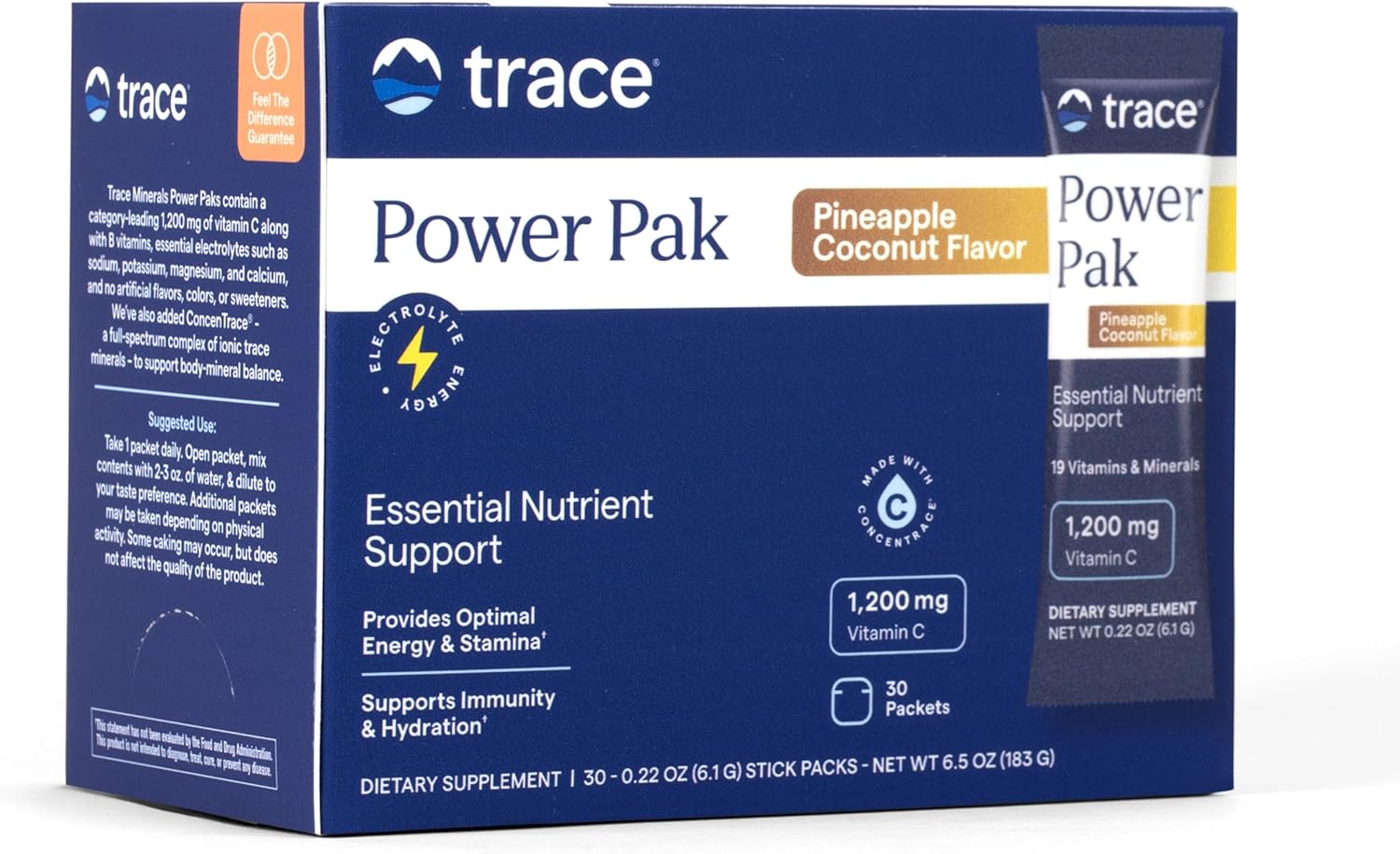 Trace Minerals Power Pak Electrolitos + Refuerzo Inmunitario - 30 Sobres de Piña Coco