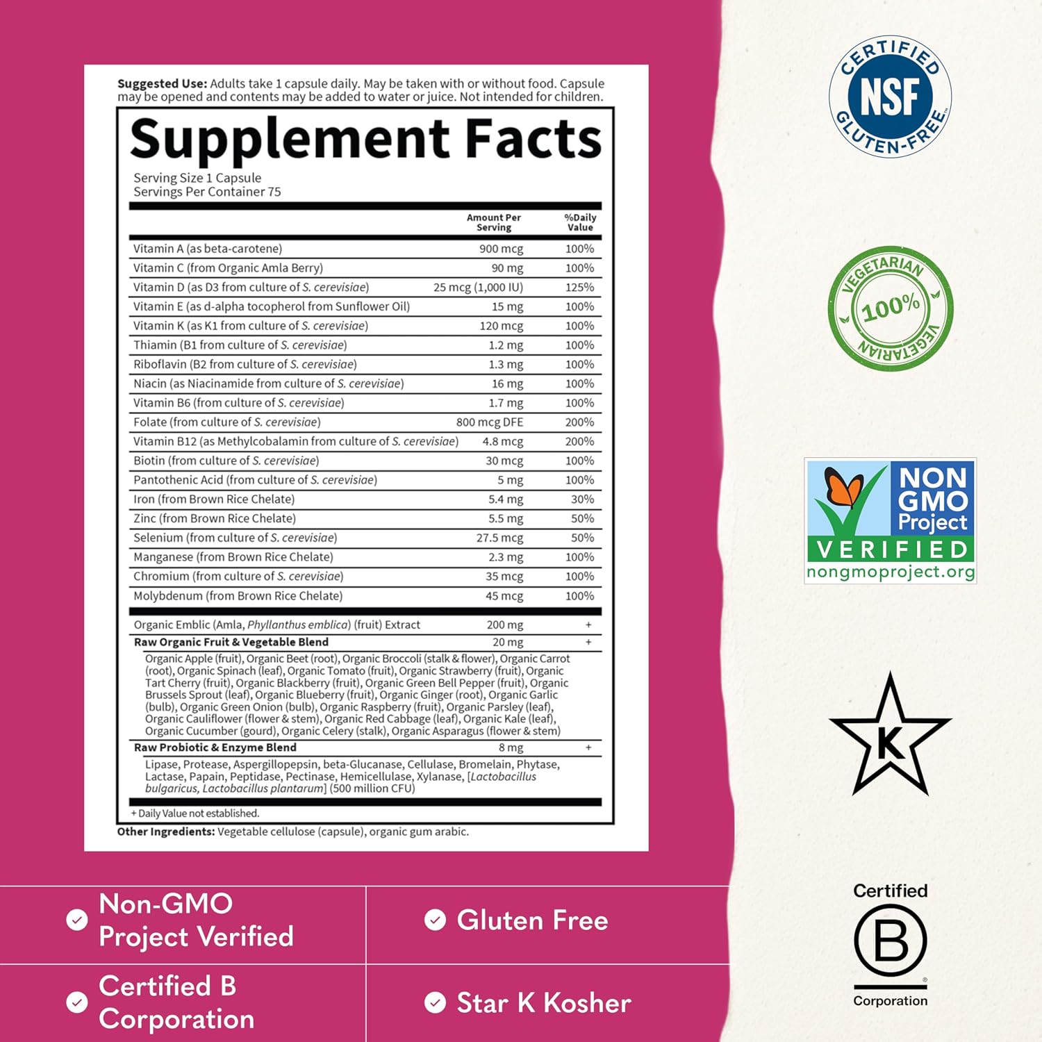 Garden of Life Vitamin Code RAW ONE for Women - Multivitamínico Diario con Probióticos, 75 Cápsulas