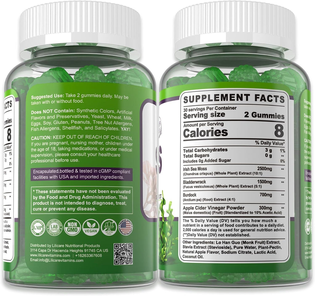 Sea Moss Gummies (2 Pack) - Gomitas de Musgo Marino Irlandés con Bladderwrack, Bardana y Vinagre de Manzana - Suplemento Superfood Vegano Sin Azúcar para Adultos y Niños