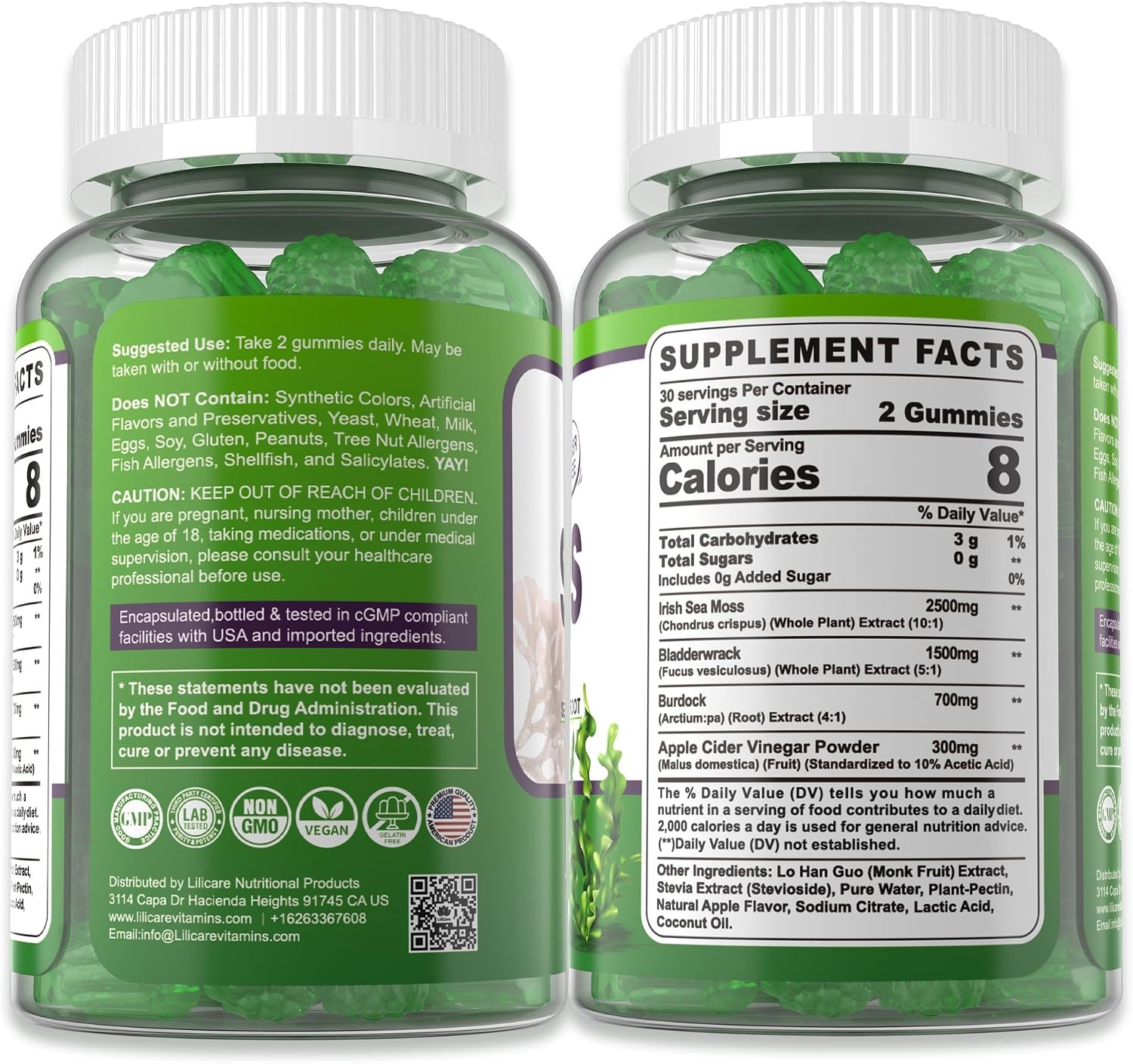 Sea Moss Gummies (2 Pack) - Gomitas de Musgo Marino Irlandés con Bladderwrack, Bardana y Vinagre de Manzana - Suplemento Superfood Vegano Sin Azúcar para Adultos y Niños