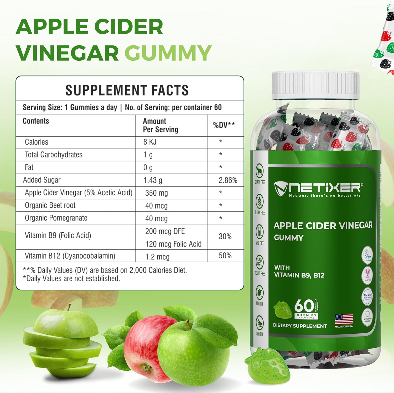 nETiXER Gominolas de Vinagre de Manzana – 350mg, con Vitamina B9 y B12 – Veganas – 60 Gominolas