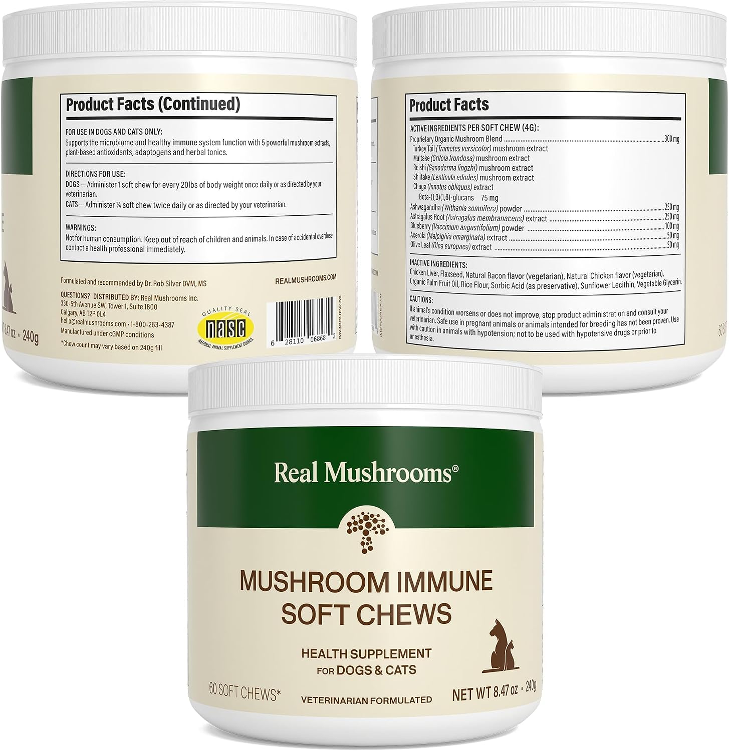 Real Mushroom Immune Pet Chews – Masticables de hongos para perros y gatos (60 uds)