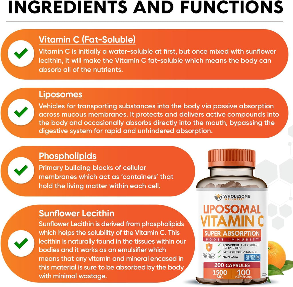 Wholesome Wellness Cápsulas de Vitamina C Liposomal (200 cápsulas, 1500 mg por dosis) Alta Absorción, Sin OGM, Vegano