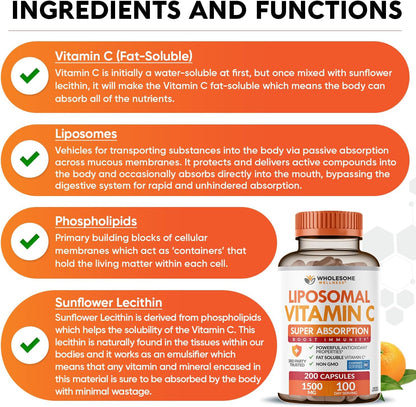 Wholesome Wellness Cápsulas de Vitamina C Liposomal (200 cápsulas, 1500 mg por dosis) Alta Absorción, Sin OGM, Vegano – Image 4