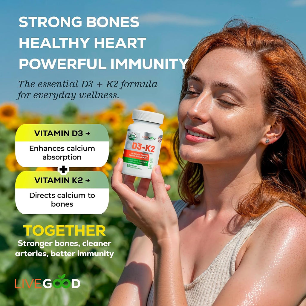 LIVEGOOD Vitamina D3 y K2 Orgánica 2000 UI con MK-7 - Cápsulas Veganas (60 uds)