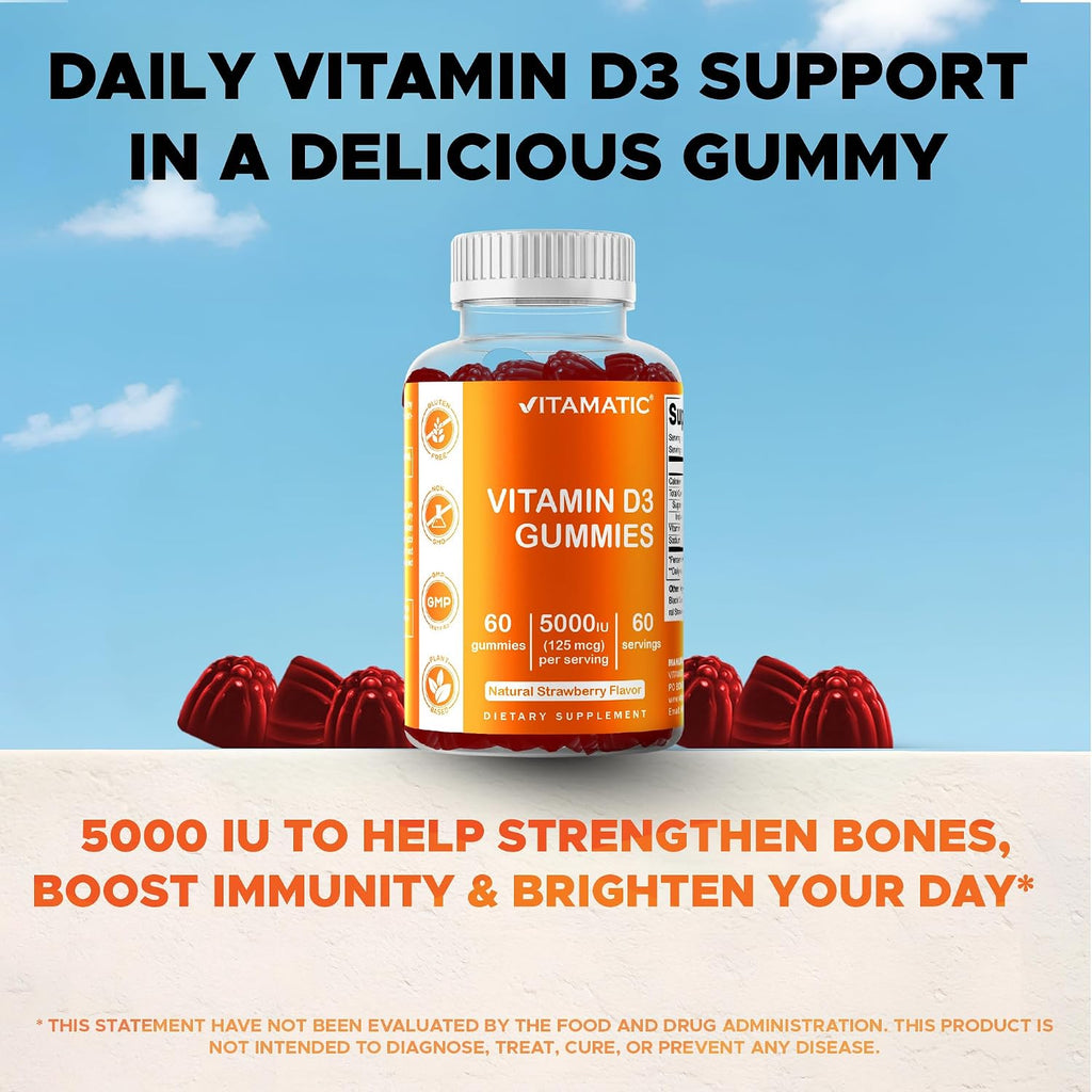 Vitamatic Gominolas de Vitamina D3 (5000 IU) - 60 Gominolas con Sabor Natural a Fresa