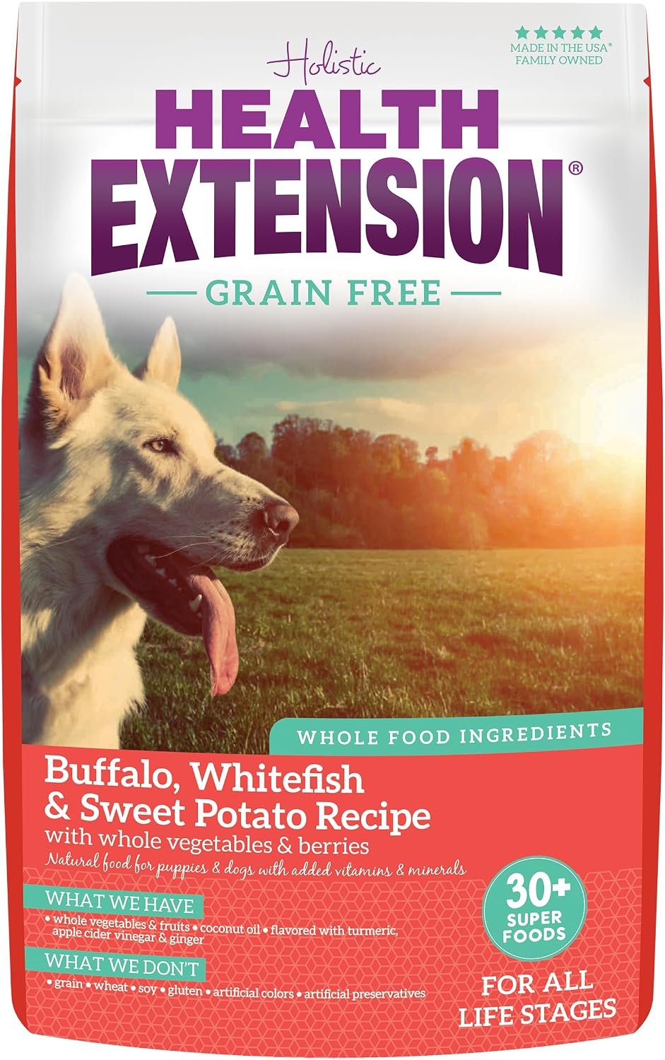 Health Extension Alimento seco sin cereales para perros con búfalo y pescado blanco - 30+ superalimentos y probióticos para todas las etapas de la vida (4,5 kg)