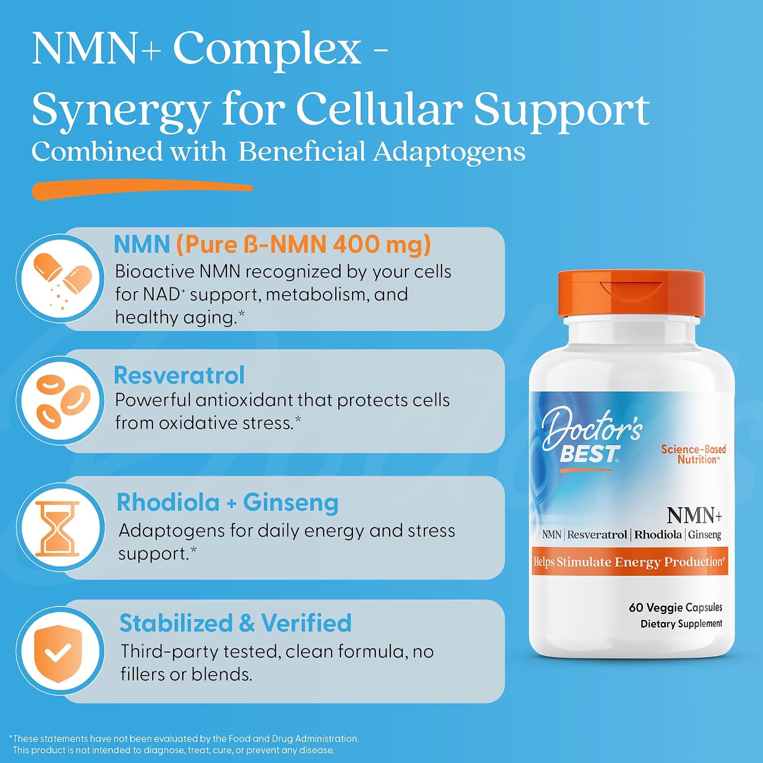 Doctor's Best NMN+ Complex - Suplemento con NMN, Resveratrol, Rodiola y Ginseng - 60 Cápsulas Veganas