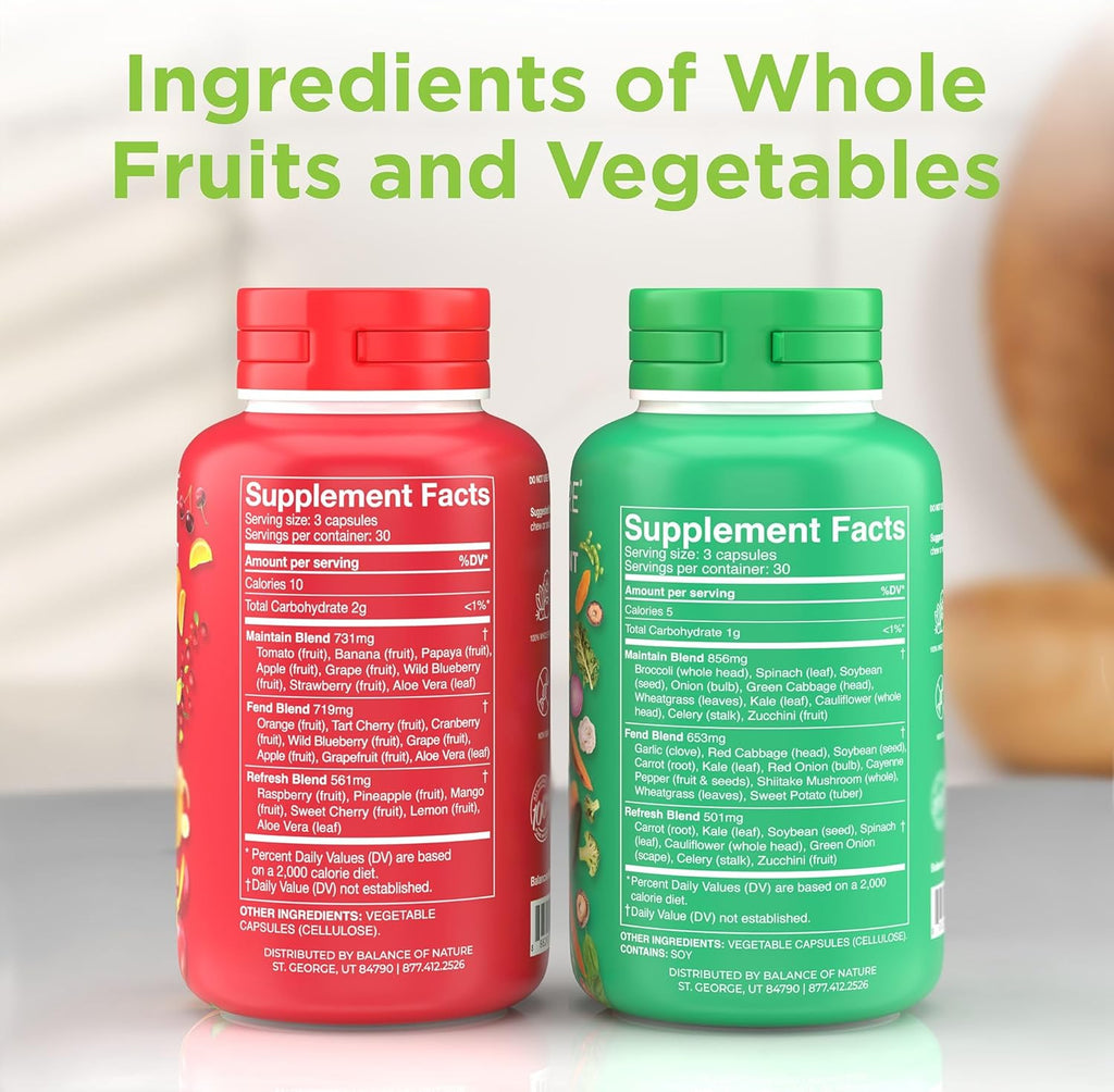 Balance of Nature Frutas y Verduras - Suplemento de Frutas y Verduras Enteras - 90 Cápsulas de Frutas + 90 Cápsulas de Verduras