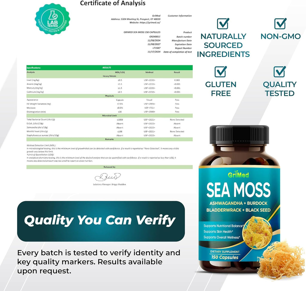 Premium Sea Moss with Ashwagandha, Burdock Bladderwrack, Black Seed for Immune System, Skin, Digestion & Energy (150 Count)