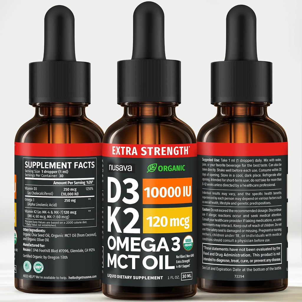 NUSAVA Gotas Extra Fuertes de Vitamina D3 y K2 Orgánicas con Aceite MCT y Omega 3 - 10000 UI, Sin Rellenos, No GMO, Sin Sabor (2 Paquete de 60 ml)