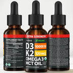 NUSAVA Gotas Extra Fuertes de Vitamina D3 y K2 Orgánicas con Aceite MCT y Omega 3 - 10000 UI, Sin Rellenos, No GMO, Sin Sabor (2 Paquete de 60 ml)