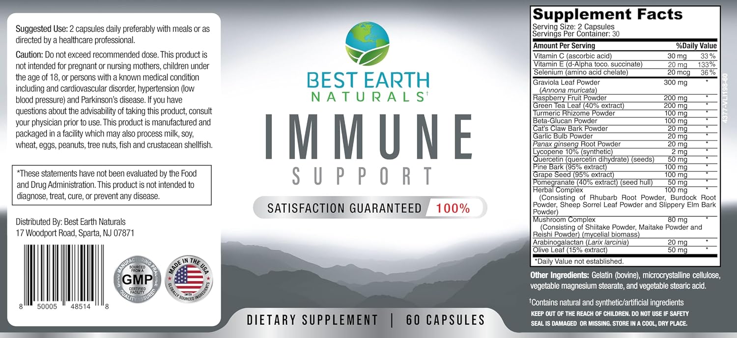 Best Earth Naturals Complemento Inmunitario Multivitamínico para Adultos con Vitamina C 30 mg, Vitamina E 30 UI, Cúrcuma, Hongos, Ajo y Más - 60 Cápsulas