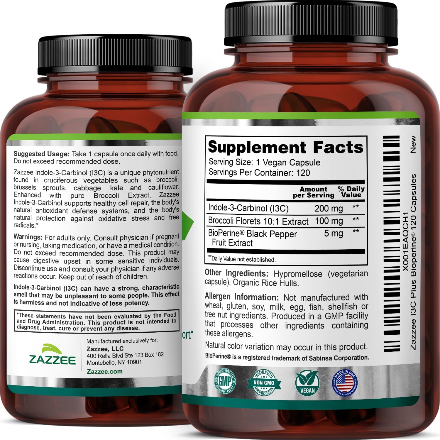Zazzee Indol-3-Carbinol (I3C) – 200 mg por cápsula, 120 cápsulas veganas con BioPerine
