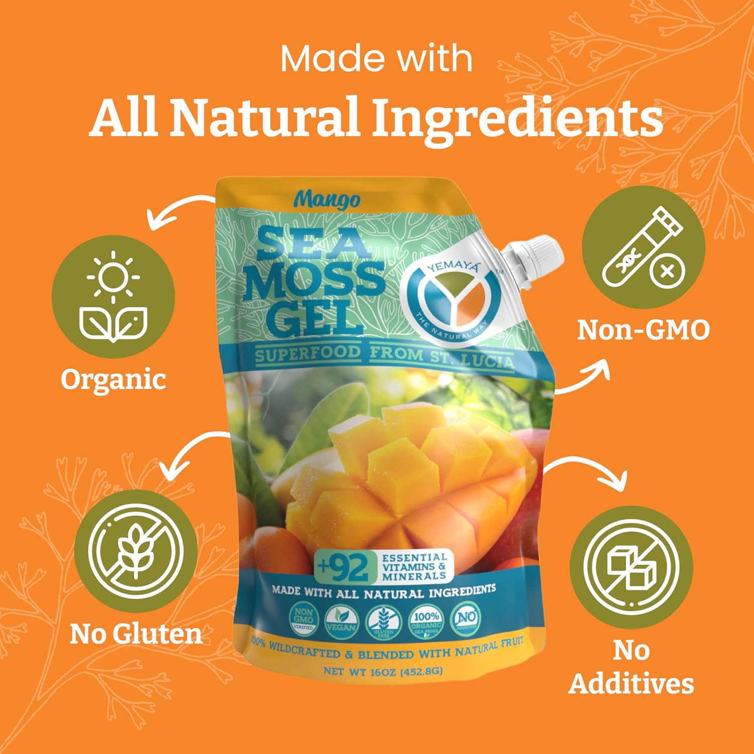 Yemayá Organic Sea Moss Gel Mango | Wildcrafted Seamoss Gel Enhanced with Real Fruit, Energy, Digestion, Hair, Skin & Nails | Mango Flavor, 16 oz
