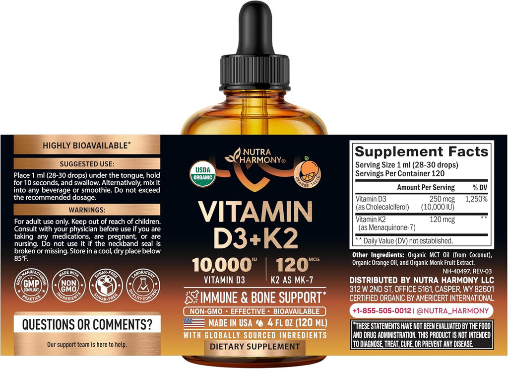 NUTRAHARMONY Gotas Orgánicas de Vitamina D3 y K2 - 10000 UI D3 + 120 mcg K2 MK-7 - Sabor Naranja - Sin Azúcar - 118 ml