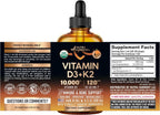 NUTRAHARMONY Gotas Orgánicas de Vitamina D3 y K2 - 10000 UI D3 + 120 mcg K2 MK-7 - Sabor Naranja - Sin Azúcar - 118 ml