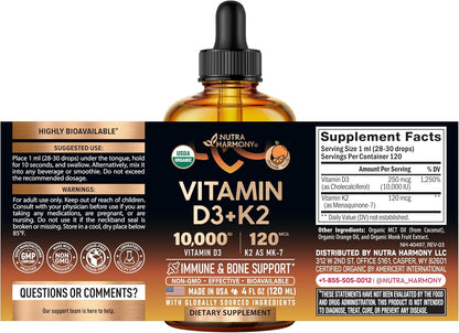 NUTRAHARMONY Gotas Orgánicas de Vitamina D3 y K2 - 10000 UI D3 + 120 mcg K2 MK-7 - Sabor Naranja - Sin Azúcar - 118 ml – Image 2