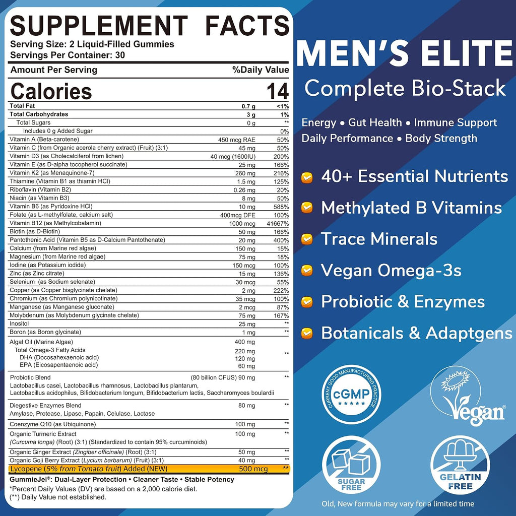 LILICARE Multivitamínico para Hombres en Gominolas | Complejo B, Omega 3 Vegano, Probióticos, Sin Azúcar (60 Gominolas)