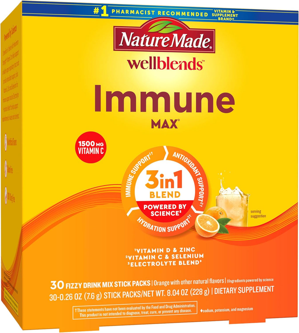 Nature Made Wellblends ImmuneMAX Mezcla Efervescente - Vitamina C 1500 mg, Zinc 15 mg y Vitamina D3, 30 sobres
