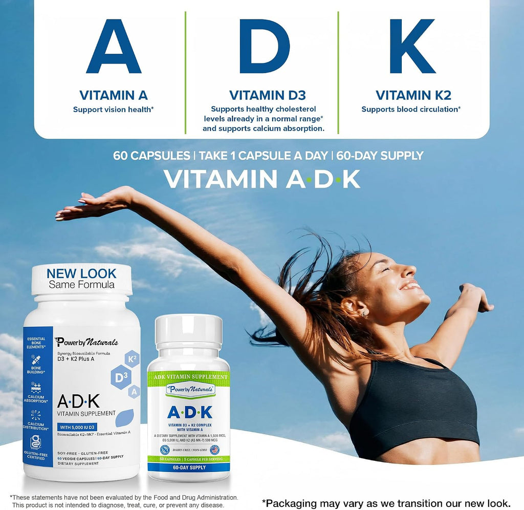 Power By Naturals ADK - Complejo de Vitaminas A, D3 y K2 MK-7 - 120 Cápsulas (2 Envases, 4 Meses)