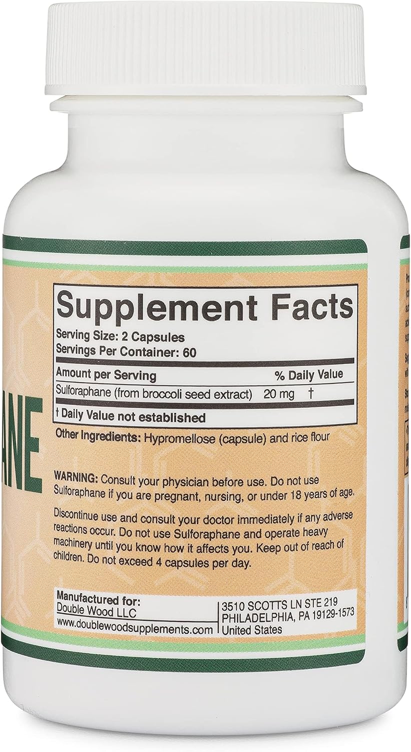 Sulforaphane Supplement - 20 mg de Sulforafano por Porción (120 Cápsulas) Extracto de Brócoli, Vegano - Double Wood