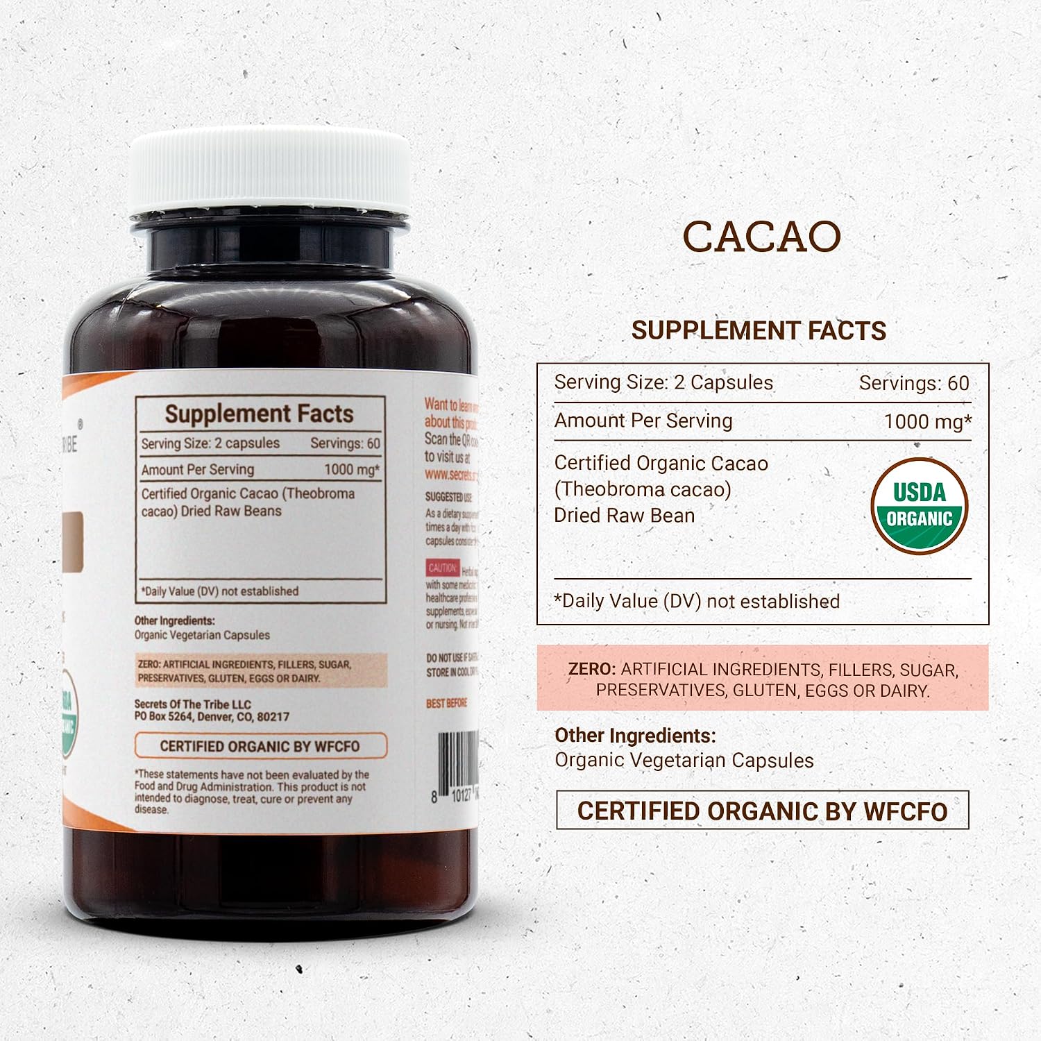 Cápsulas de Cacao Orgánico Certificado USDA | Suplemento Herbal Theobroma Cacao (120 Cápsulas)