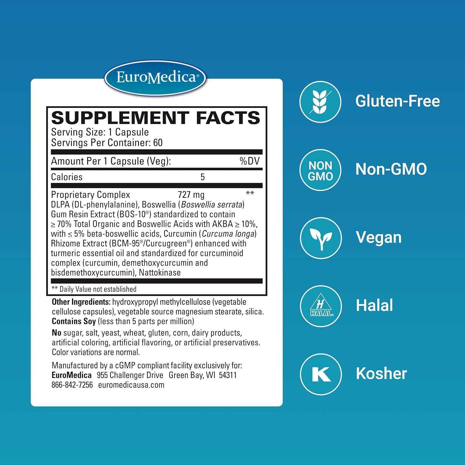 EuroMedica Curaphen - 60 Cápsulas - Professional Formula with Curcumin and Boswellia, DLPA & Nattokinase