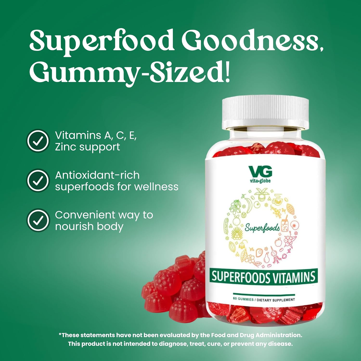 VITA GLOBE Superfood Gummy Vitamins – Gominolas de Superalimentos para Apoyo Inmunitario y Antioxidante – 60 Unidades