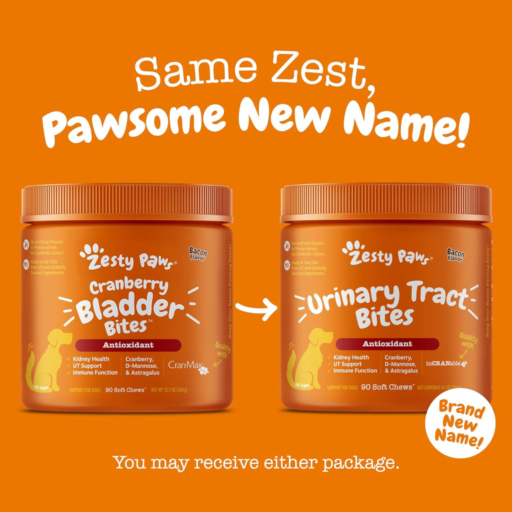 Zesty Paws Suplemento de Arándano para Perros - Arándano con D-Mannose, Vitamina B6 y L-Arginina - Sabor a Bacon - 90 unidades