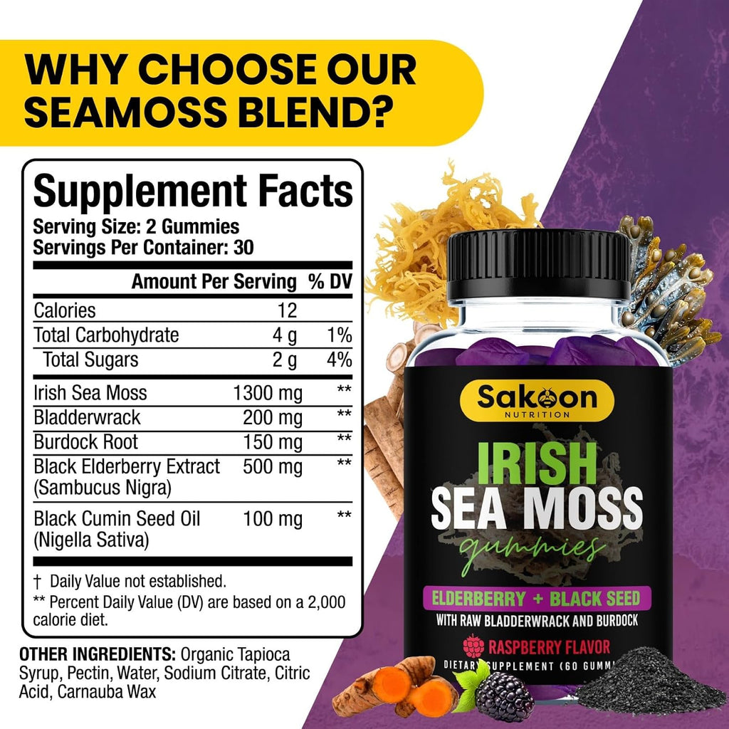 Sakoon nutrition - Gominolas de Musgo de Mar Irlandés con Saúco y Aceite de Semilla Negra, Sabor Frambuesa, 60 ud.