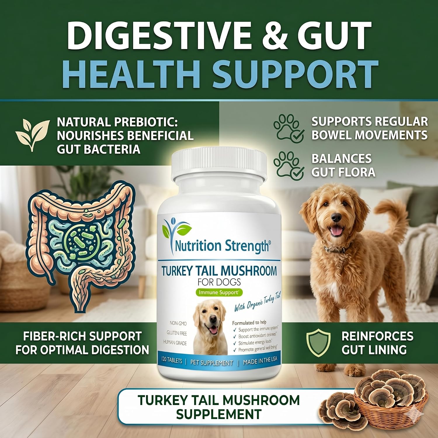 Nutrition Strength Cola de Pavo Orgánica para Perros - 500mg de Alta Potencia - Apoyo Inmunológico - Salud Celular - 120 Comprimidos Masticables