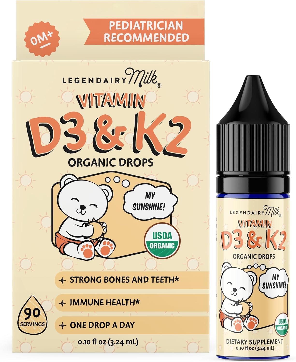 Legendairy Milk Gotas de Vitamina D3 K2 para Bebés, Orgánico, 400 UI, Vegano para Recién Nacidos, Niños Pequeños y Niños, Suplemento Infantil para Huesos y Dientes Fuertes, Sin Azúcar, 90 Servicios