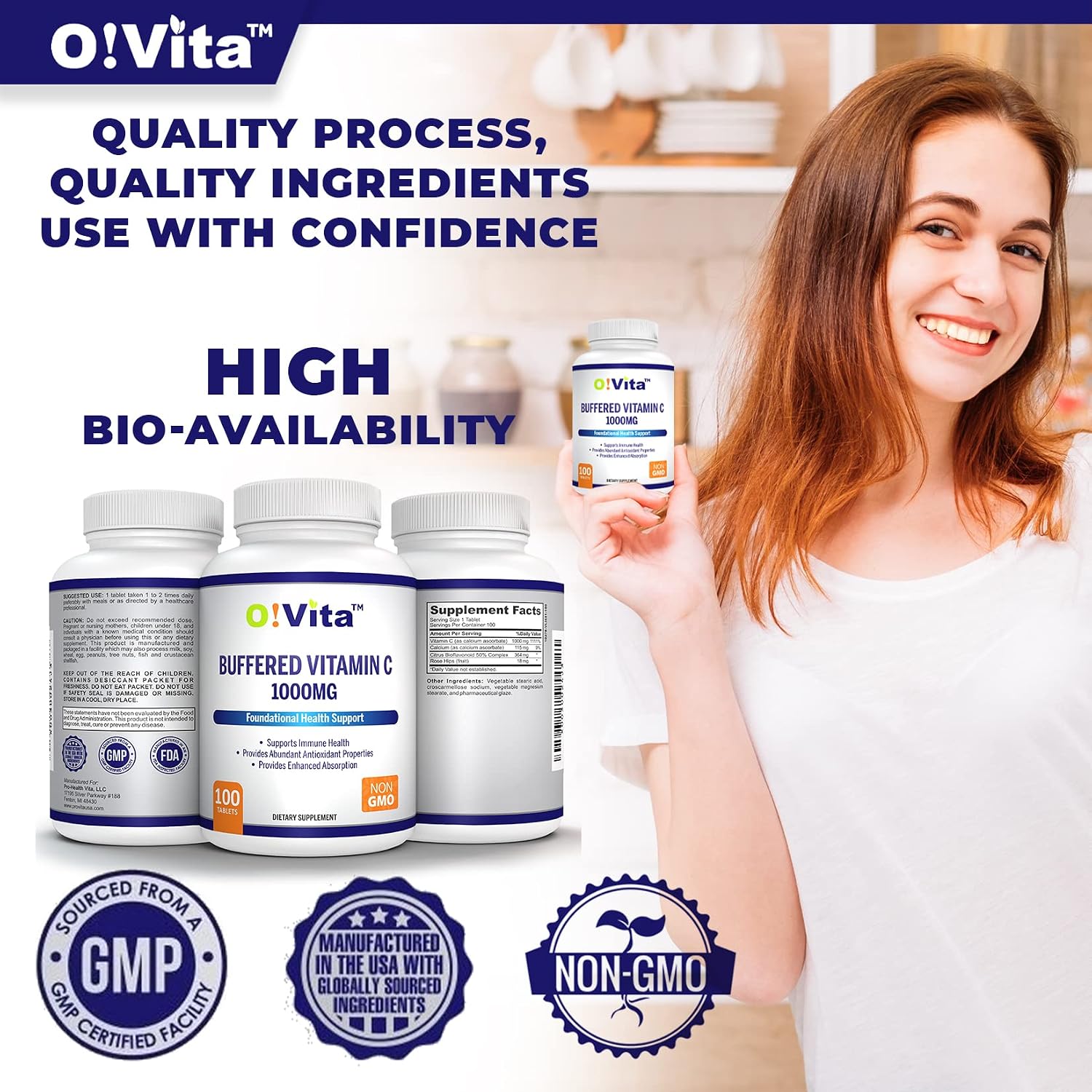 O!VITA Vitamina C Tamponada 1000mg | 100 Comprimidos No-GMO