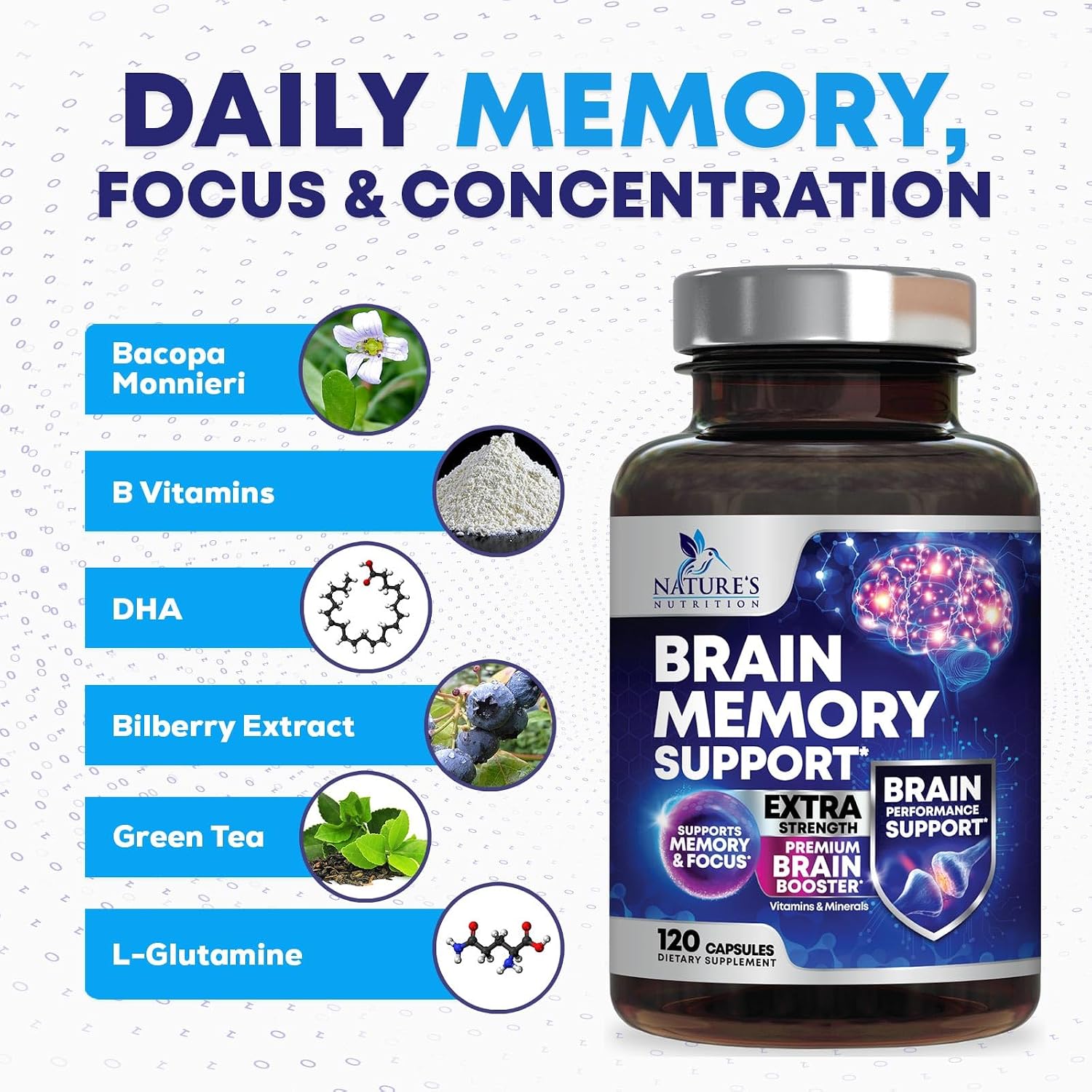 Suplemento de Memoria y Concentración - Nootrópico 3X con Bacopa, Fosfatidilserina y DMAE - 120 Cápsulas