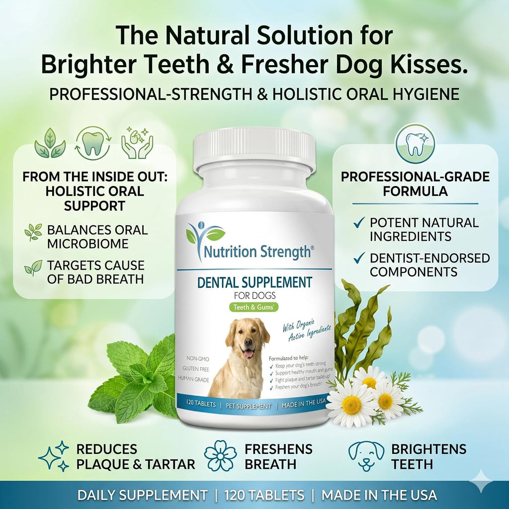 Nutrition Strength Cuidado Dental para Perros - Eliminador Natural de Placa y Sarro con Algas Orgánicas, Hojas de Fresa y Semillas de Calabaza - 120 Comprimidos