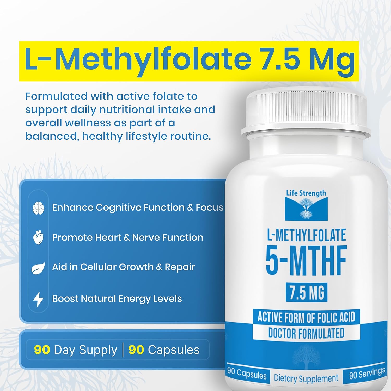 LifeStrength L-Metilfolato 7.5mg - 90 Cápsulas - Complemento de Folato Metilado Bioactivo
