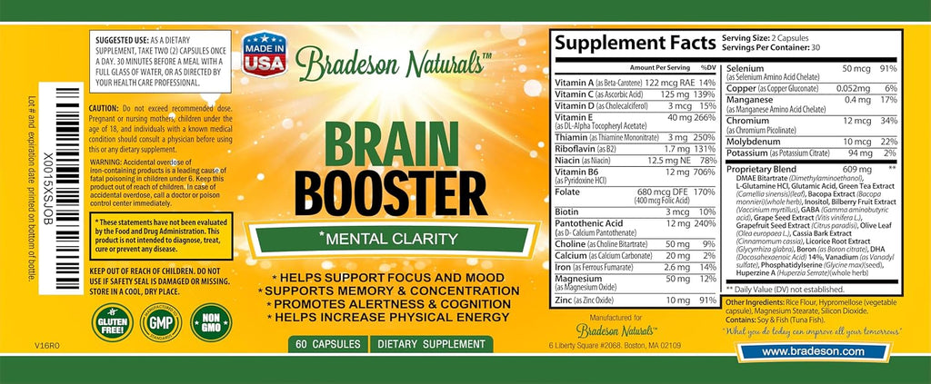 Brain Booster Suplemento para Concentración, Memoria, Claridad y Energía - 60 Cápsulas