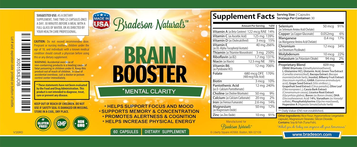 Brain Booster Suplemento para Concentración, Memoria, Claridad y Energía - 60 Cápsulas